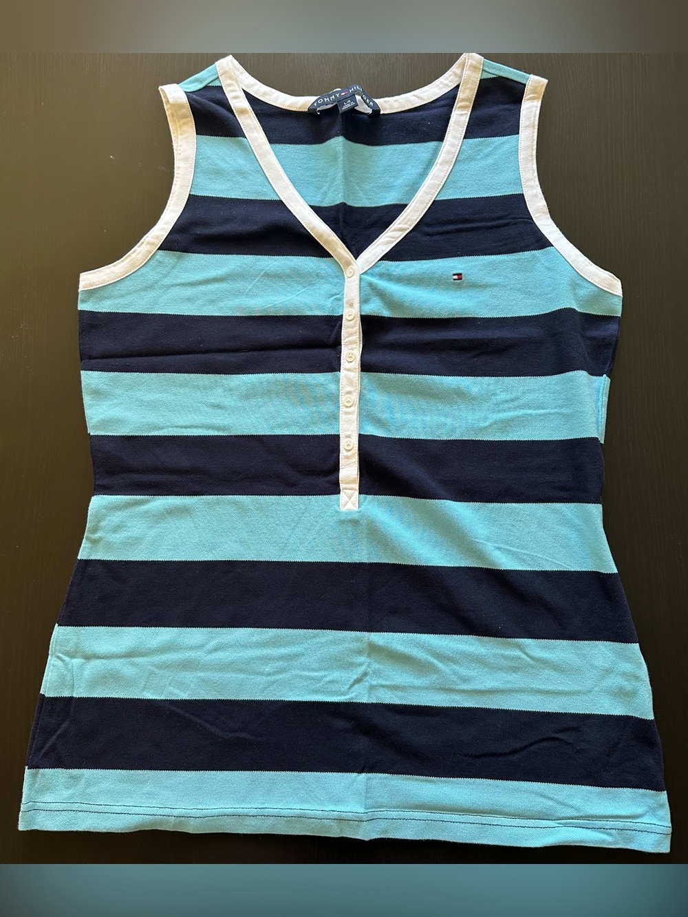 Tommy Hilfiger Aqua and Navy Striped Henley Tank